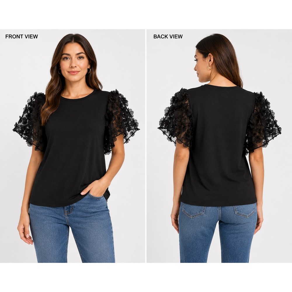 A Love Story Rachel Flutter Sleeve 3D Floral Applique Black Scoop Neck Top L